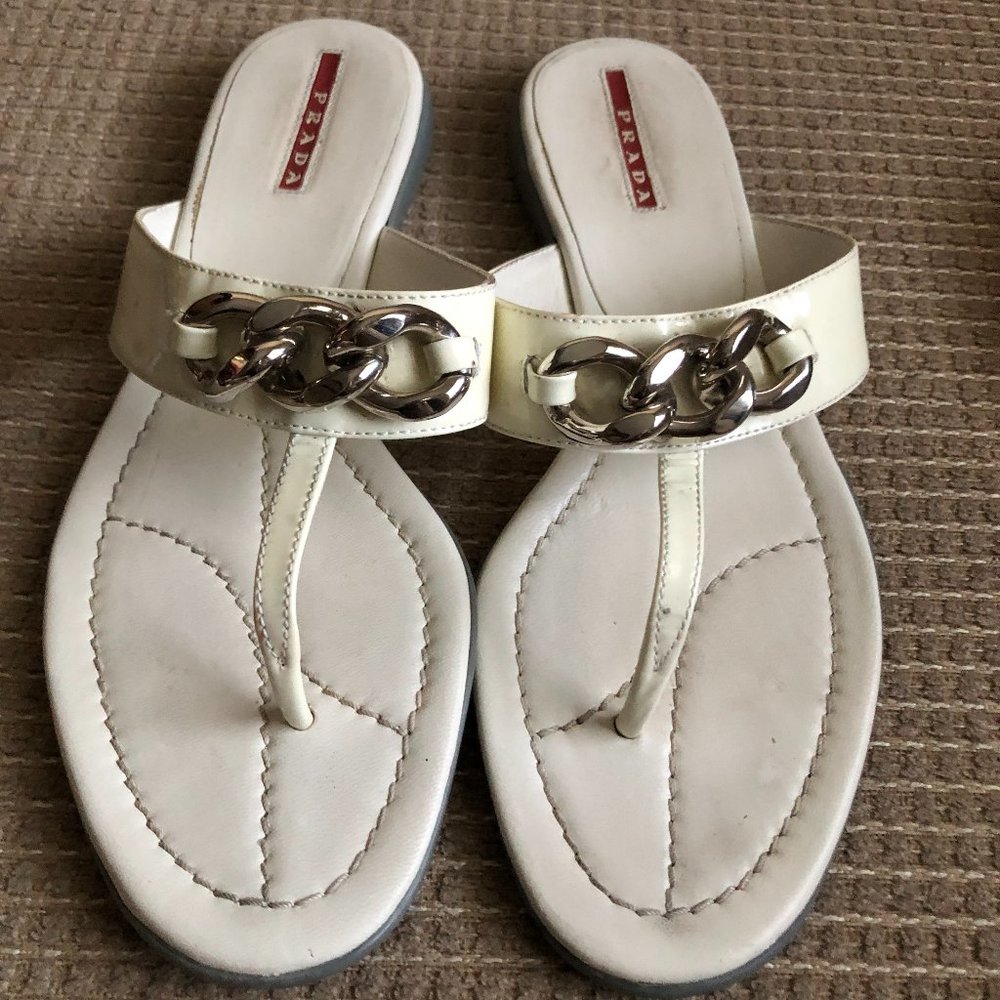Prada Women's White Patent Leather Thong Sandals -